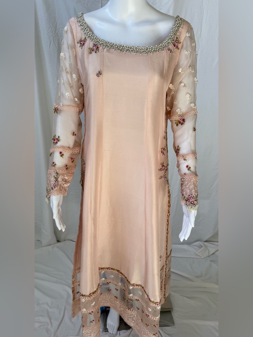 Embroidered Peach Long Sleeve Women's Dress